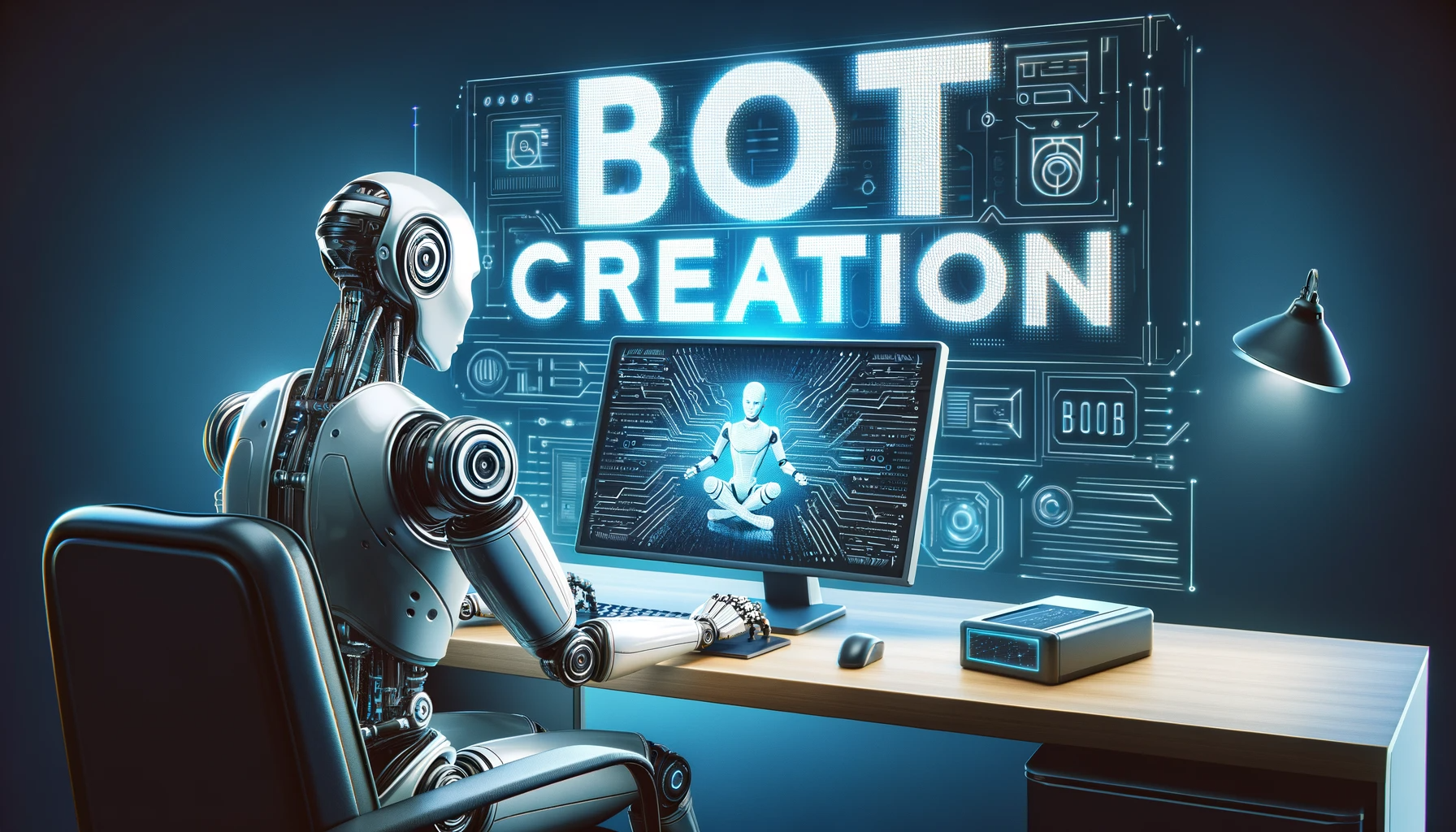 DALL·E 2024 01 06 19.33.50 Create a wide image with the words BOT CREATION in large futuristic font accurately spelled in the center. Next to the text depict a humanoid ro