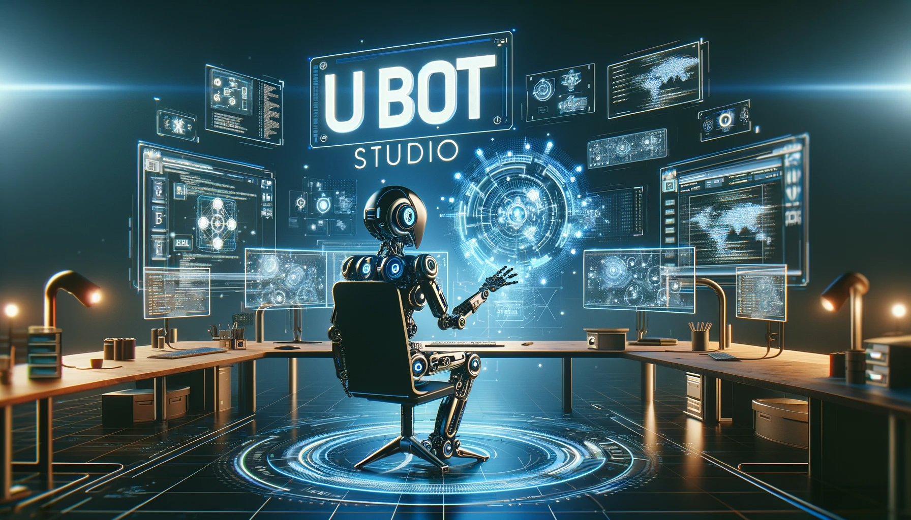 DALL·E 2024 01 06 19.36.44 Create a wide futuristic image featuring UBOT STUDIO in bold digital style letters. The scene includes advanced technology elements like holograph
