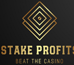Logo for Stake Profits with gold geometric diamonds and the slogan 'BEAT THE CASINO' on a dark background.