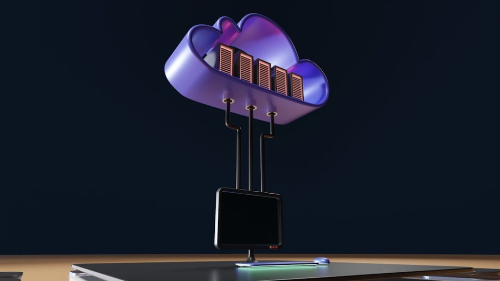 A 3D render of a cloud server connected to a desktop computer, representing VPS infrastructure for running unattended dice bots.