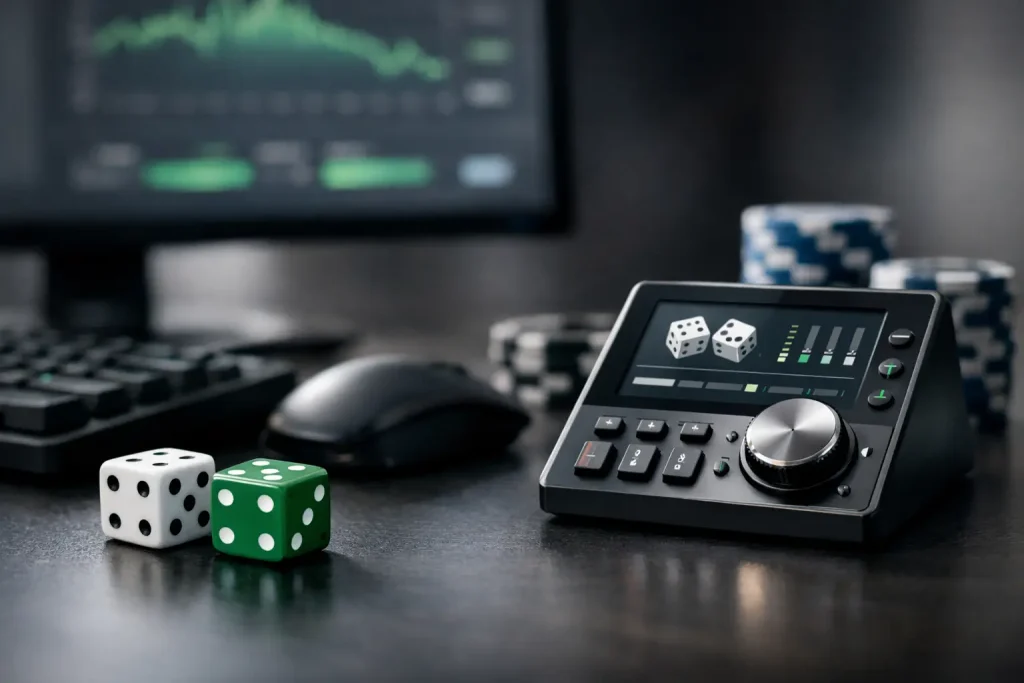 Dice and green poker chip sit on a dark gaming desk next to a sleek electronic control console with a large dial, with a computer monitor blurred in the background.