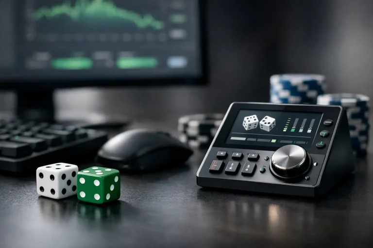 Dice and green poker chip sit on a dark gaming desk next to a sleek electronic control console with a large dial, with a computer monitor blurred in the background.