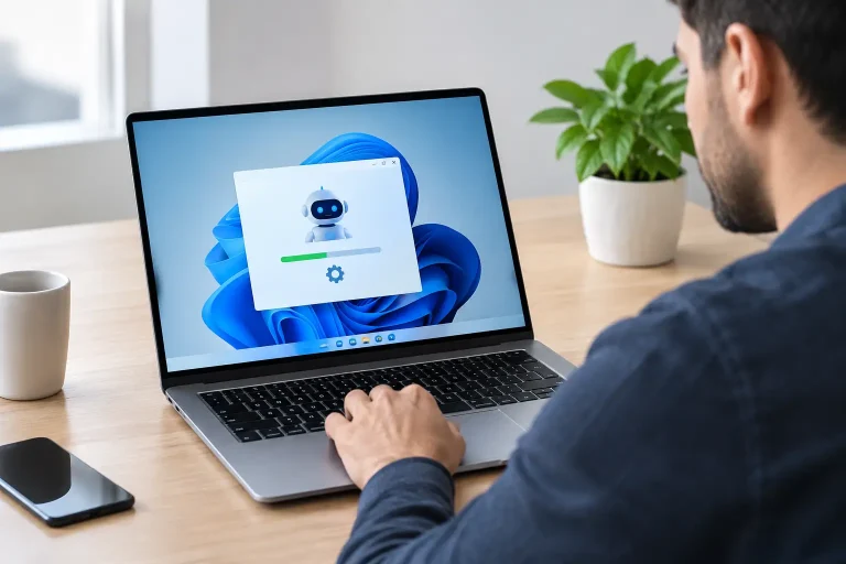 Person at a desk using a laptop, with a robot-themed software update window and a green progress bar on the screen.