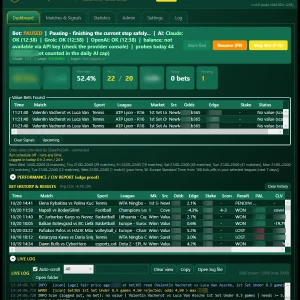 bet365 value bet bot dashboard with live status, AI provider checks, value bets found and live log