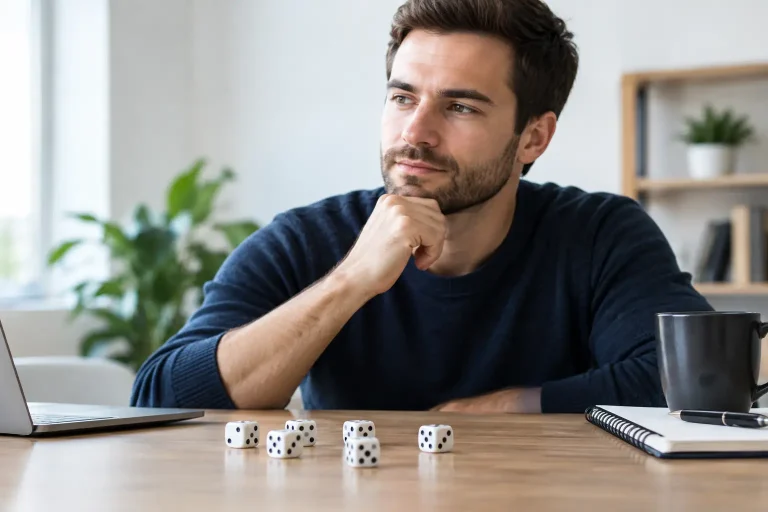 Man in a dark blue sweater sits at a desk, resting his chin on his hand, with six dice on the table.