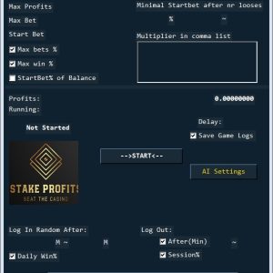 UI for StakeProfits Diamond Bot v3.01 with settings controls, checkboxes, a Start button, AI Settings, log options, and a logo on the left.