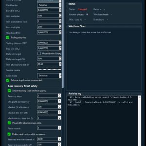 Stake HiLo Bot main settings window