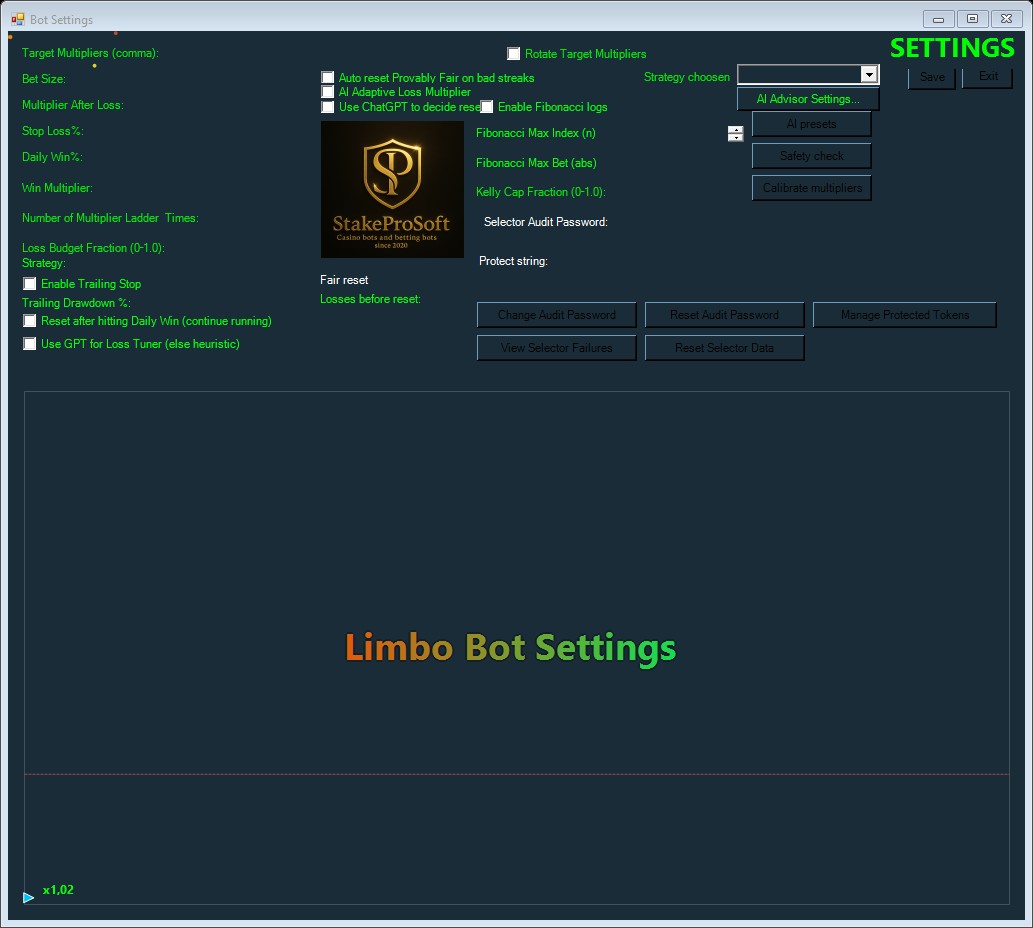 stake-limbo-bot-2026-ai-01-settings - StakeProSoft Stake Limbo Bot 2026 AI settings window