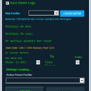 Main control panel of StakeProSoft MineS BOT showing status 'Running: Not Started', sections for Max Profits/Bet/Base Bet, and a 'START' and red 'EMERGENCY STOP (KILL)' button; includes Save Game Logs checkbox, risk profile dropdown, auto-setup, and other control buttons with the logo at the bottom, indicating a cryptocurrency/mining betting bot interface.