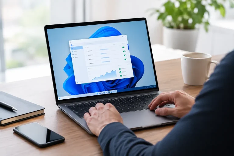 Person typing on a laptop at a wooden desk with a dashboard on screen and a mug nearby